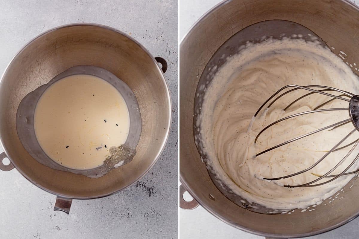 two images showing heavy cream, sugar, and the whipped cream with whisk attachment after it's whipped vanilla beans in a bowl and then