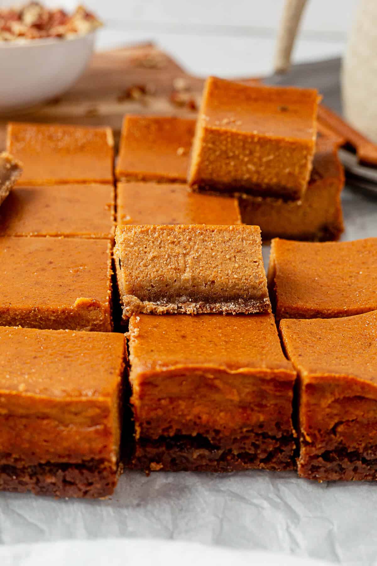 pumpkin pie bars cut into squares