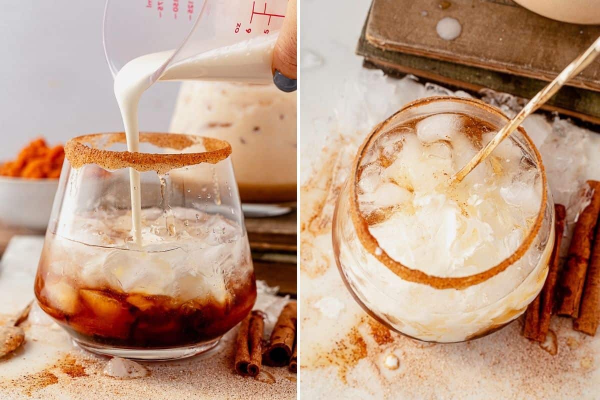 two images showing pouring heavy cream into kahlua, vodka, and pumpkin syrup for pumpkin white russian