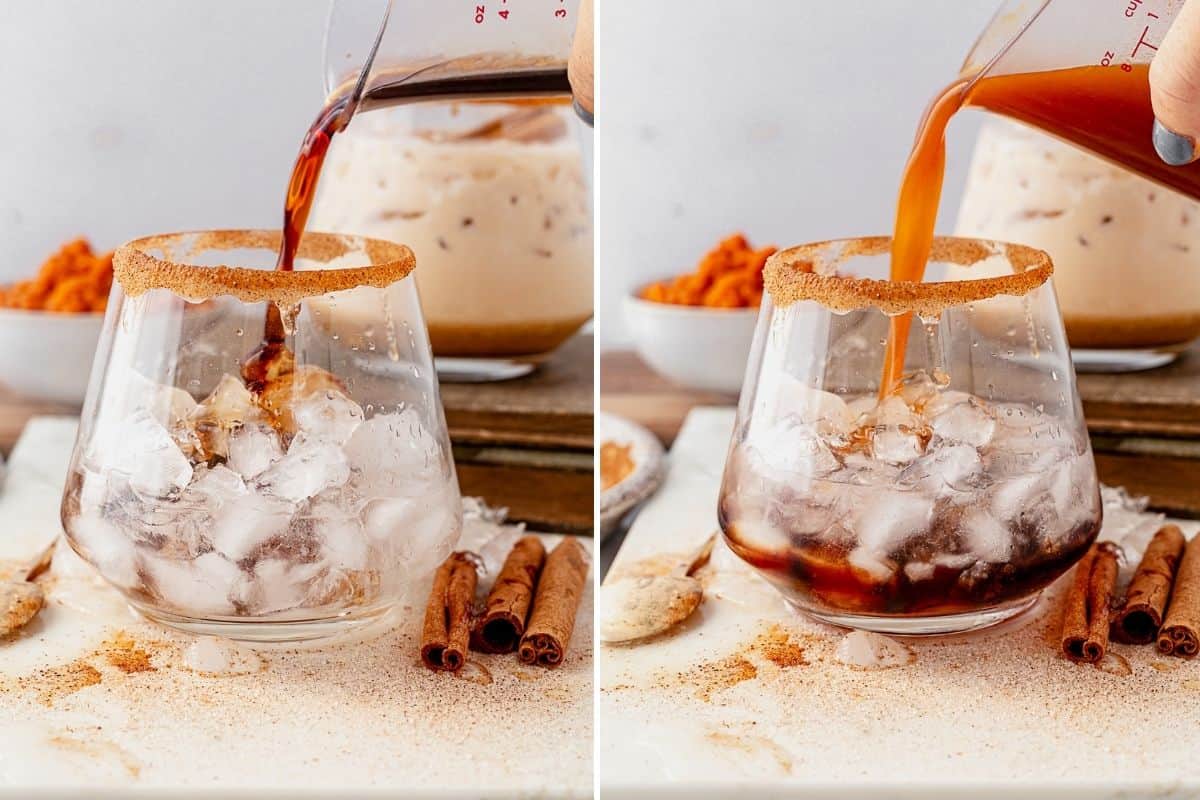 two images showing kahlua and homemade pumpkin syrup into a glass for a pumpkin white russian