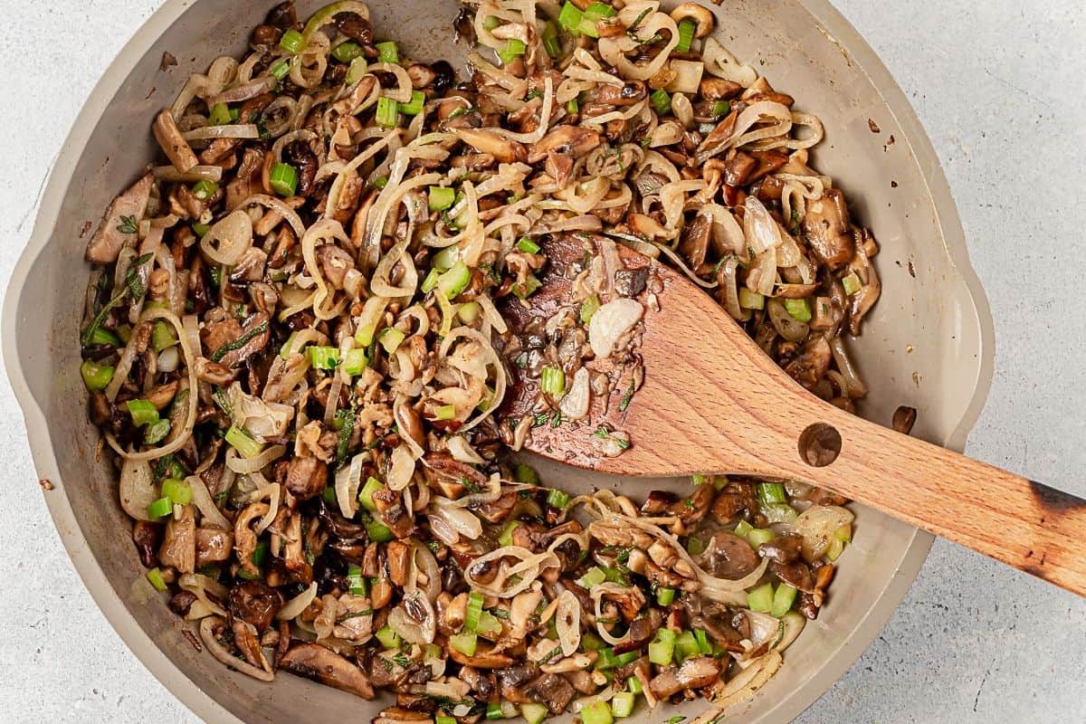 sauteed shallots, celery, mushrooms, and garlic in a saucepan