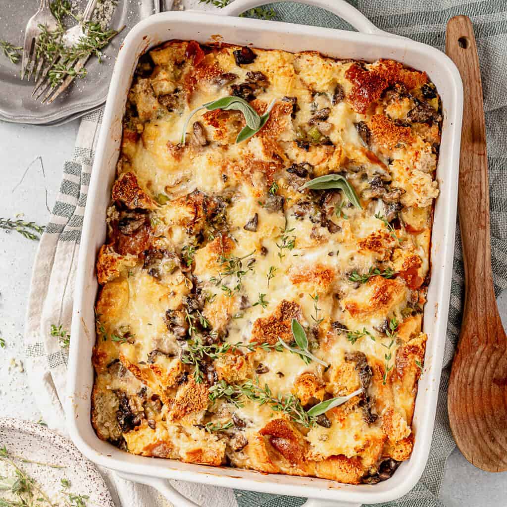 Savory Bread Pudding With Mushrooms And Gruyere Cheese