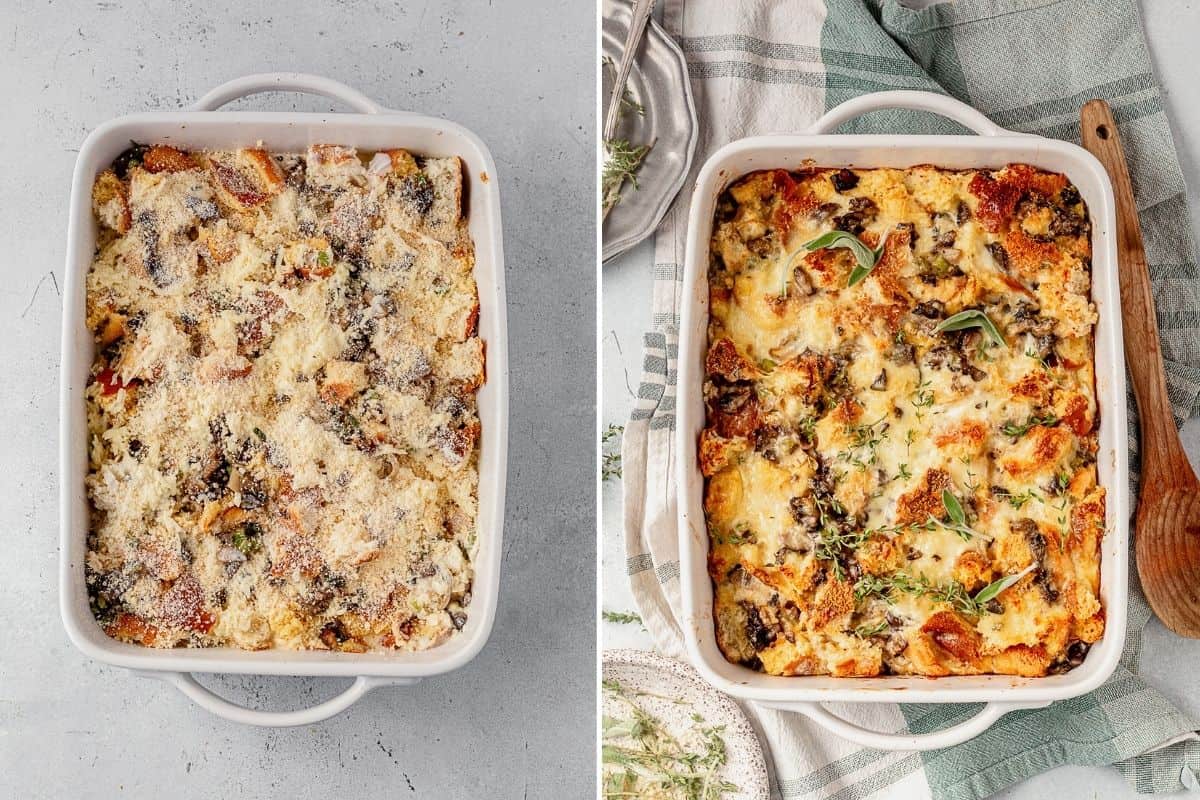 two images showing savory bread pudding with cream mixture soaked overnight then topped with parmesan and baked until golden brown