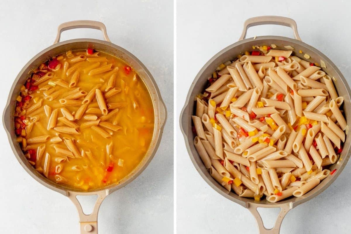 two images showing uncooked pasta and veggies in a pan and then the pasta al dente when it's cooked