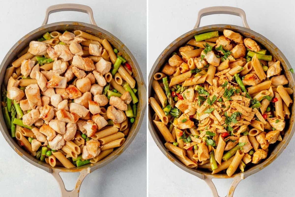 two images showing spicy chicken chipotle pasta in a skillet and then garnished with tortilla chips and herbs