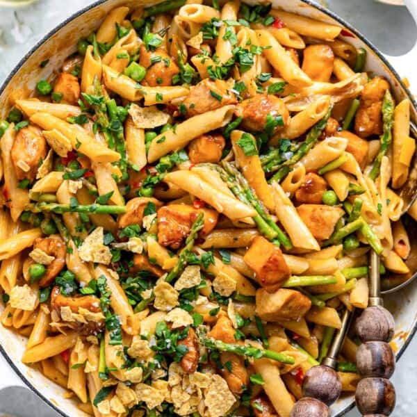 spicy chicken chipotle pasta in a skillet.