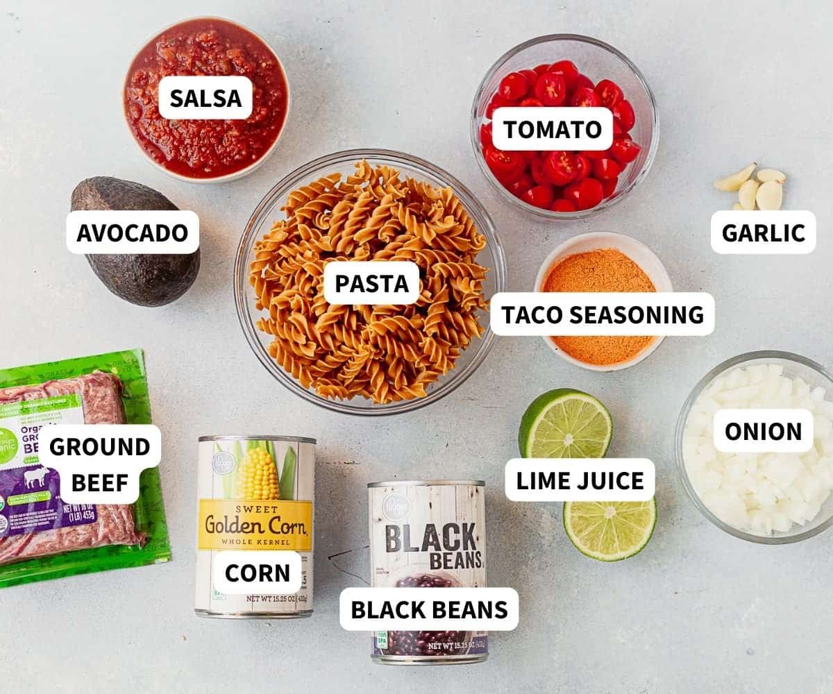 one pot taco pasta ingredients on a countertop