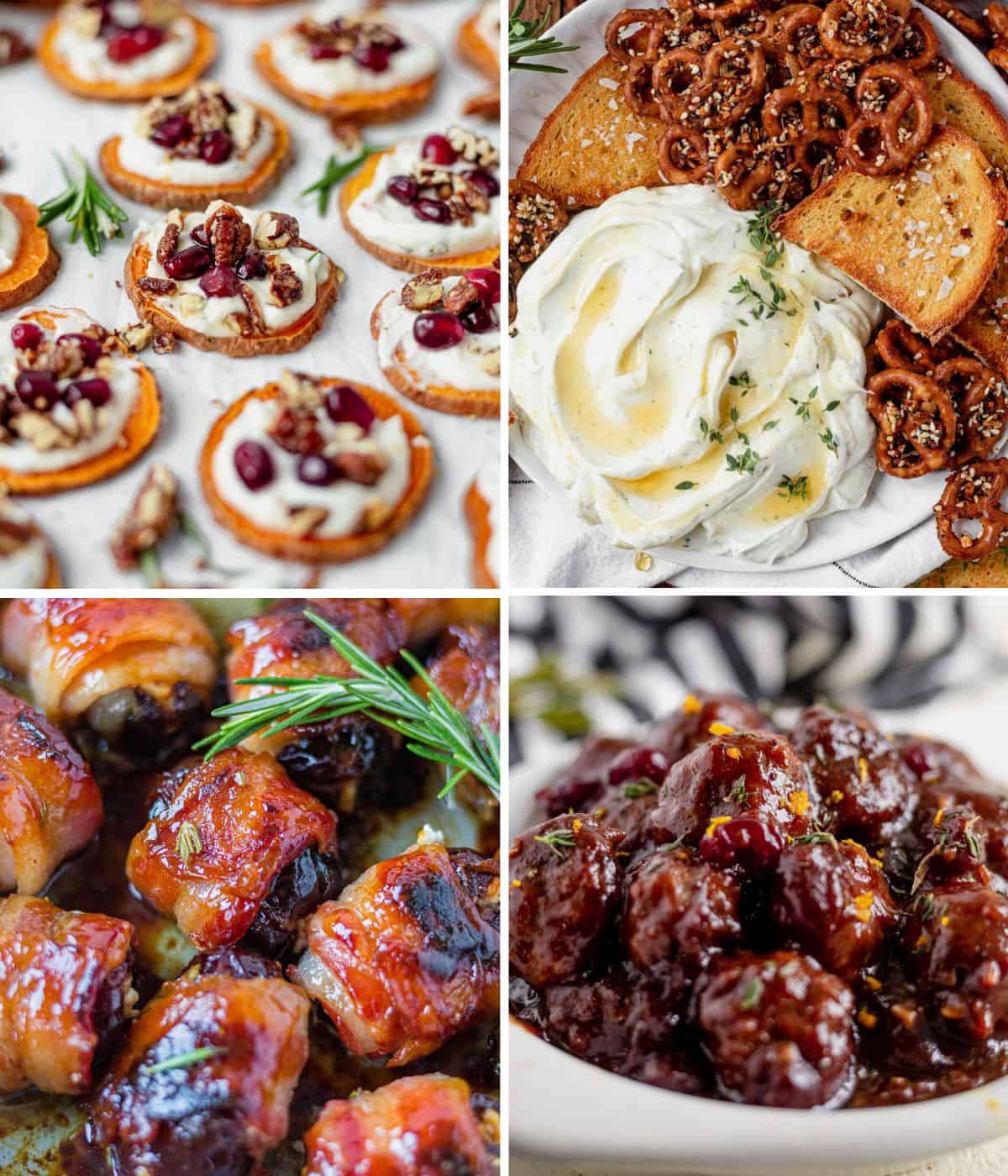 four images showing sweet potato bites, whipped goat cheese, bacon wrapped dates, and then cranberry meatballs