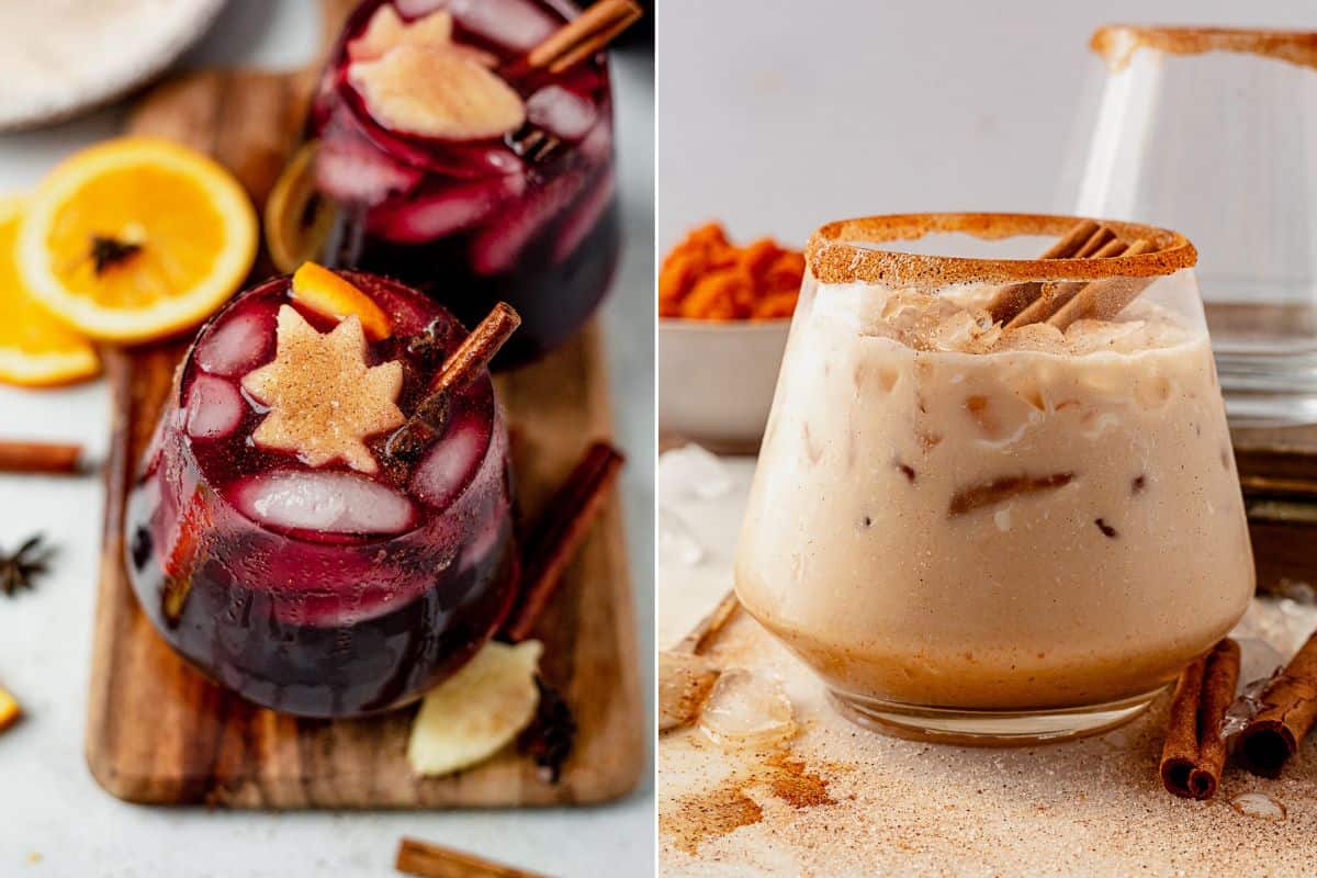 two images showing thanksgiving sangria in a wine glass and then pumpkin spice white russian