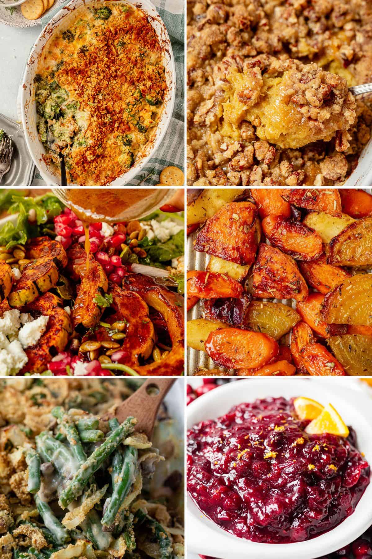 six images of broccoli casserole, acorn squash casserole, squash salad, roasted vegetables, green bean casserole, and cranberry sauce