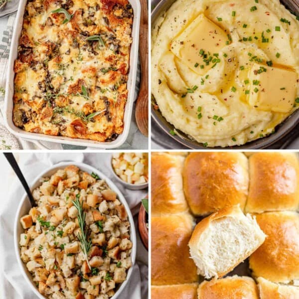 four images of savory bread pudding, mashed potatoes, stuffing, and soft dinner rolls