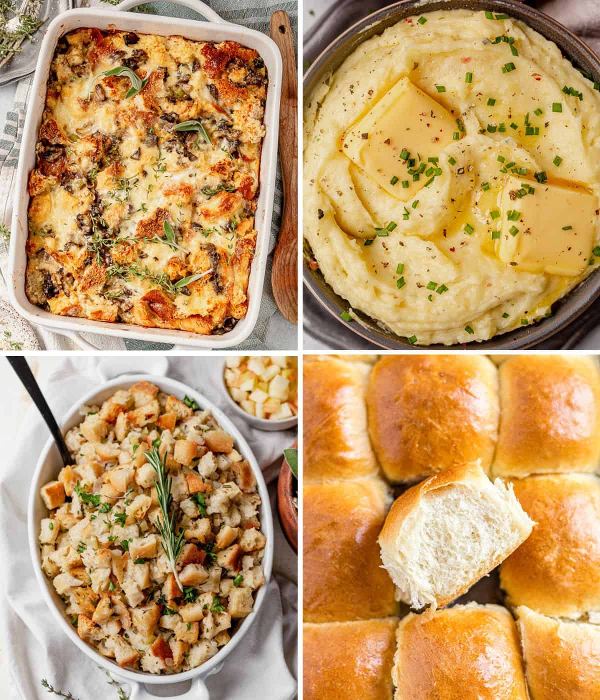 four images of savory bread pudding, mashed potatoes, stuffing, and soft dinner rolls