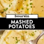 two images of boursin mashed potatoes with butter and then scooping the potatoes from a bowl.