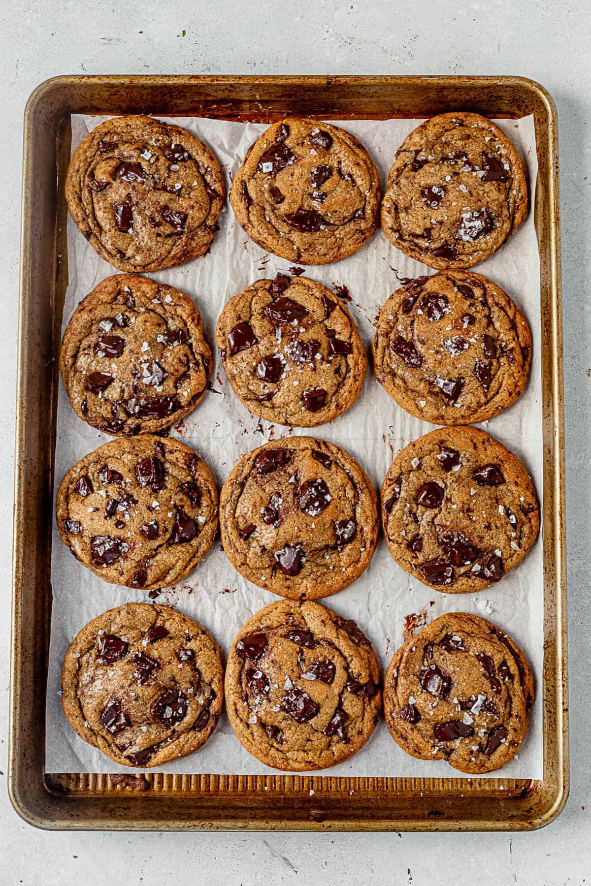 a tray of brown butter chocolate chip cookies