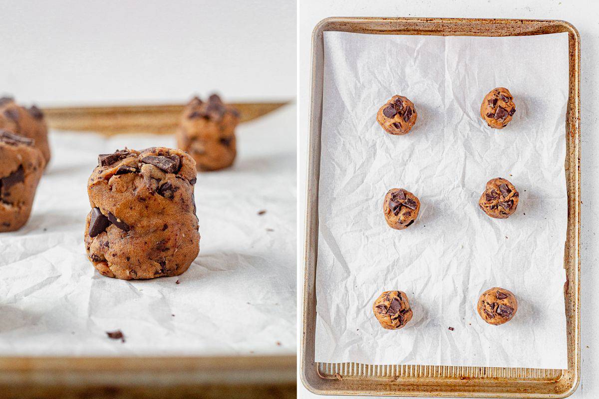 two images of a brown butter chocolate chip cookie dough ball on parchment paper and then 6 of them arranged on the cookie sheet
