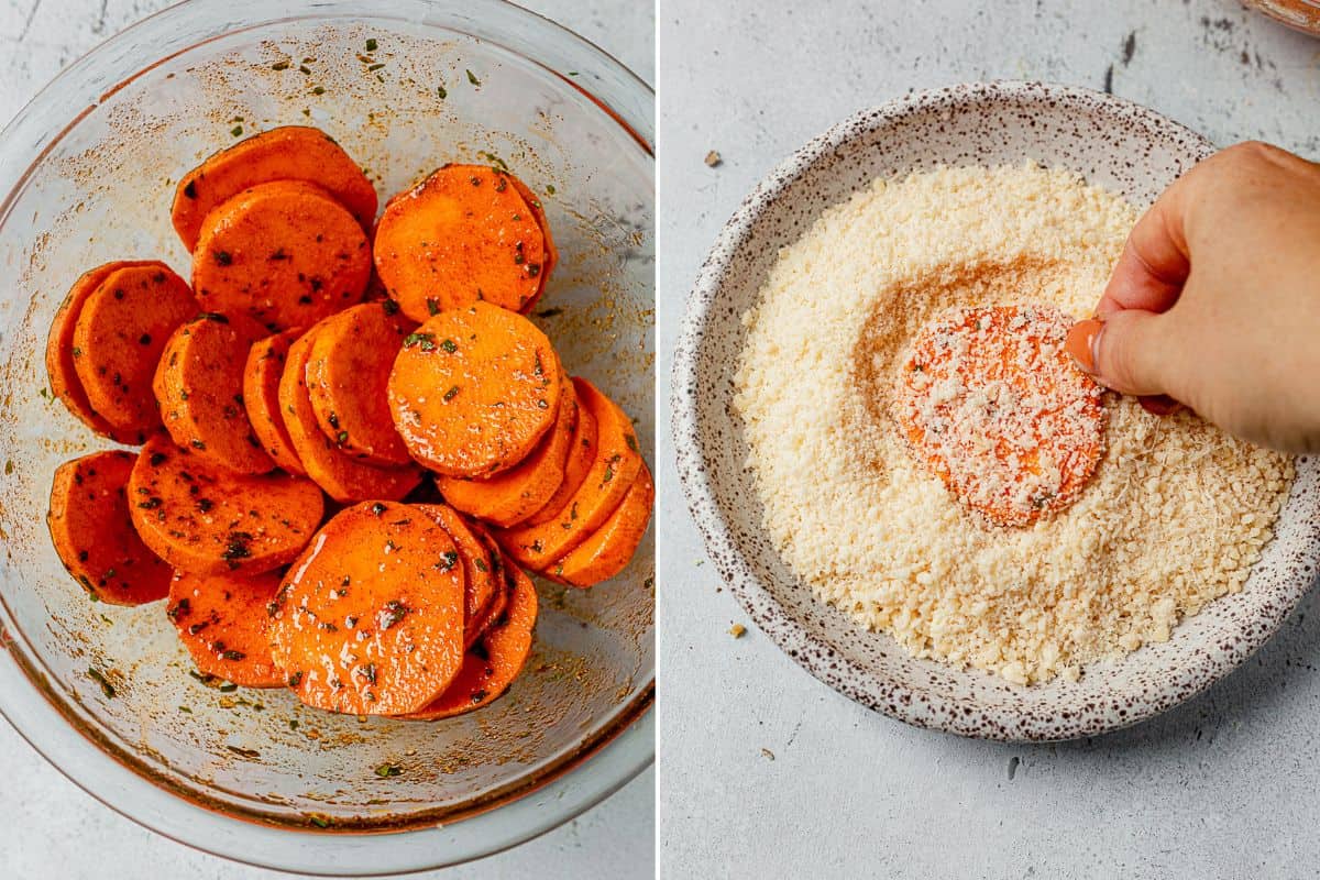 two images of sliced and seasoned sweet potatoes and then dipping them in parmesan cheese