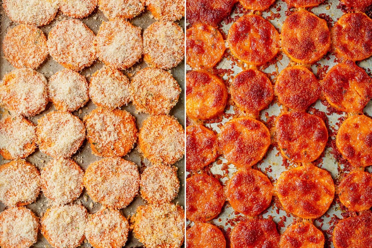 two images of parmesan coated sweet potatoes on a baking sheet and then all of them baked until crispy