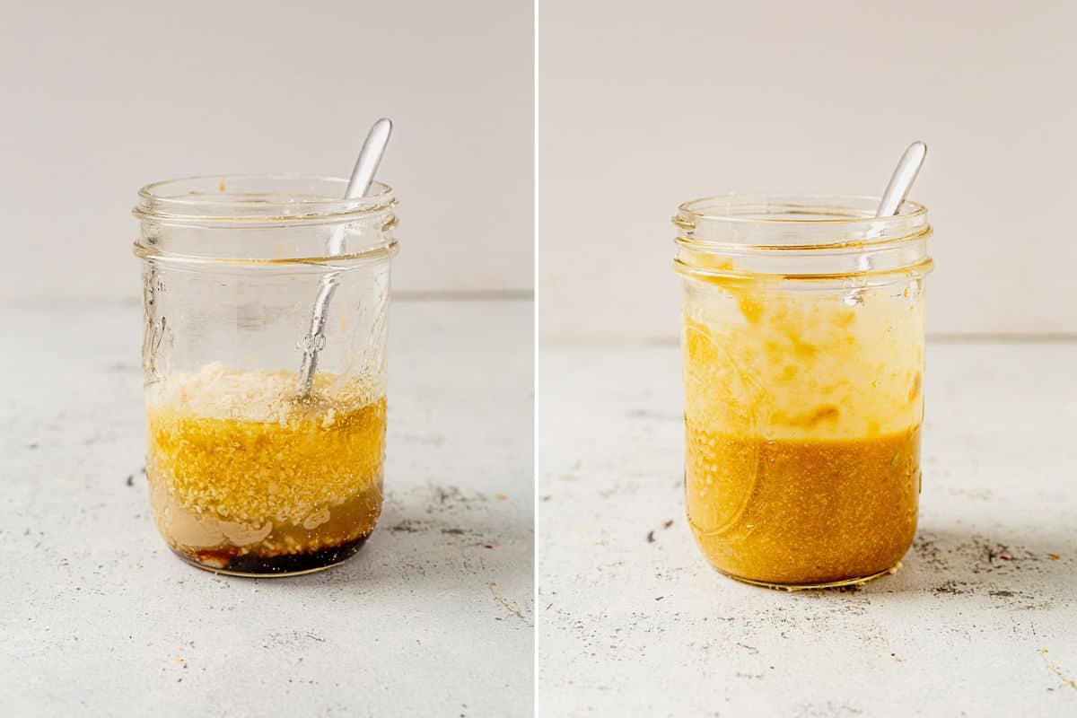 two images of caesar salad dressing ingredients in a jar and then caesar dressing mixed together with a spoon