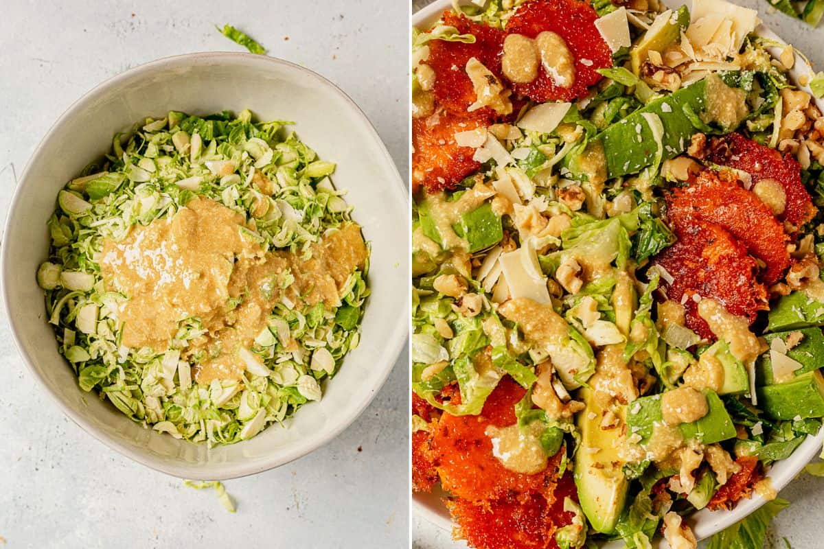 two images of brussels sprouts and caesar dressing in a bowl and then the salad with crispy sweet potatoes and avocdao