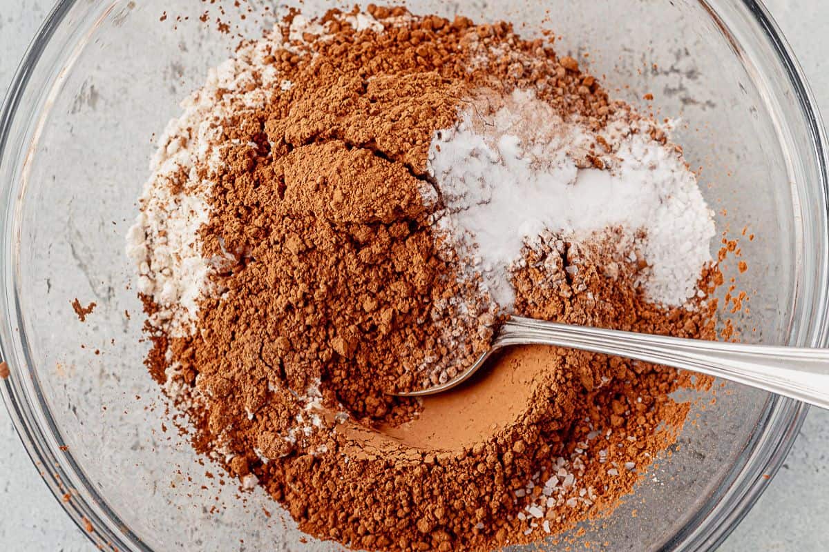 cocoa powder, flour, baking soda, and salt in a bowl
