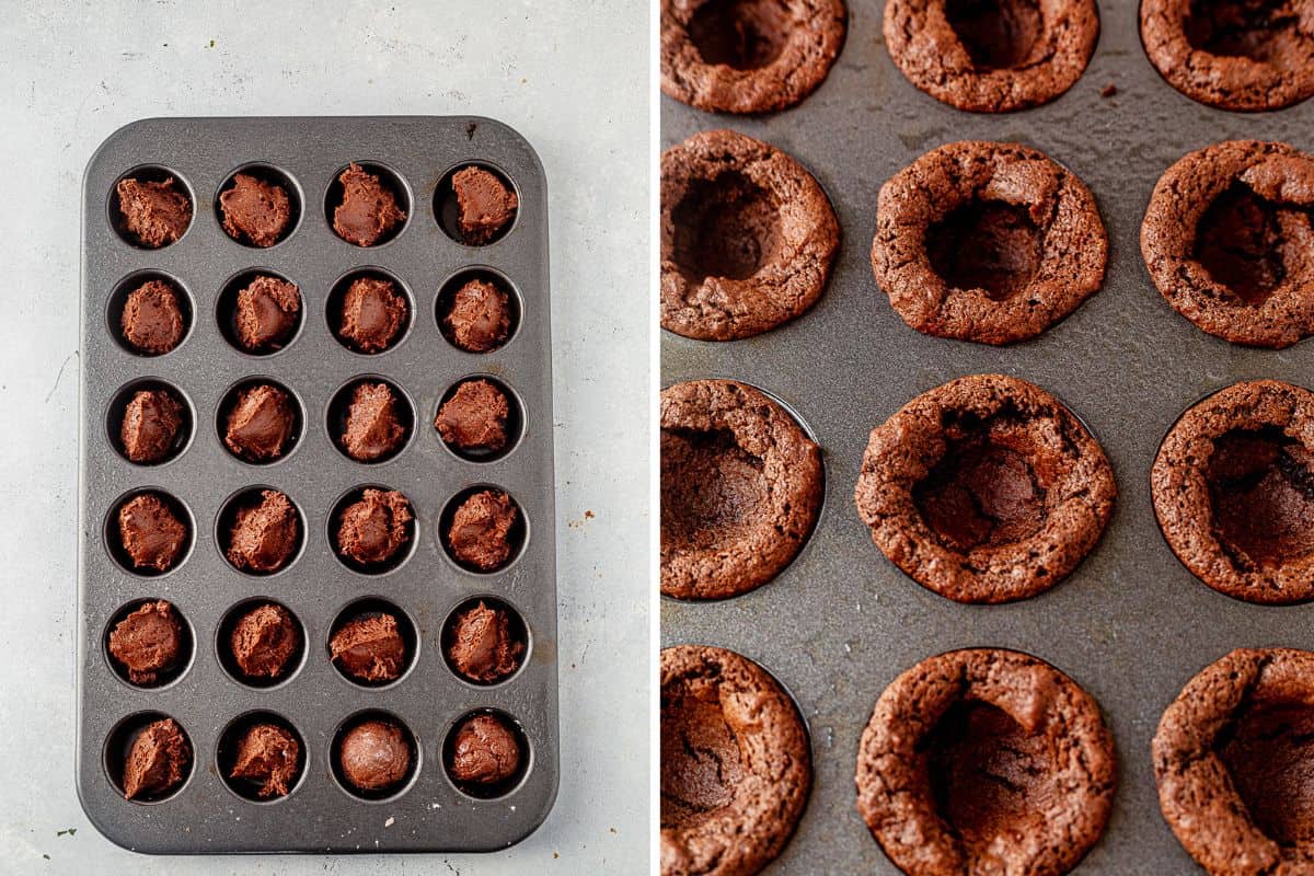 two images of chocolate cookie dough in mini muffin tins and then baked chocolate cookies with a hole pressed in the center