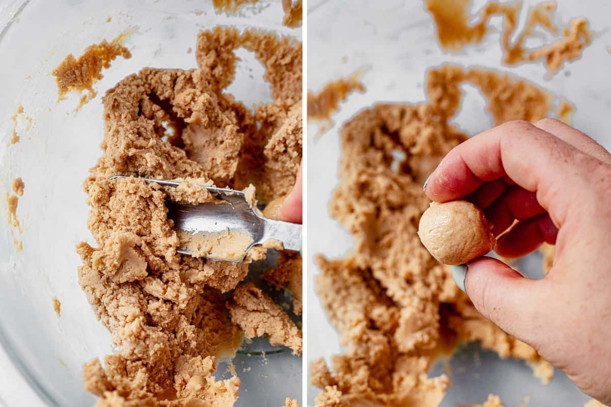 two images of scooping buckeye peanut butter with a tablespoon and then rolling buckeye peanut butter into a ball