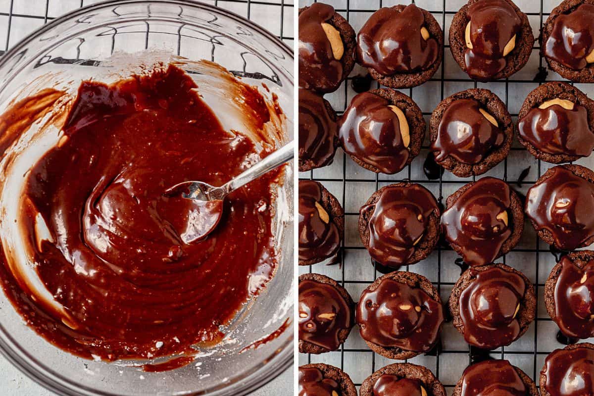 two images of chocolate ganache in a mixing bowl and then buckeye cookies on a wire rack covered in chocolate ganache