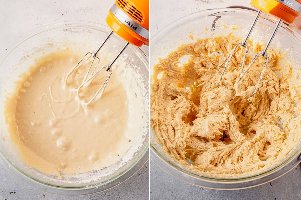 two images of the ribbon stage of eggs and sugar and then chocolate chip pie dough with electric mixers