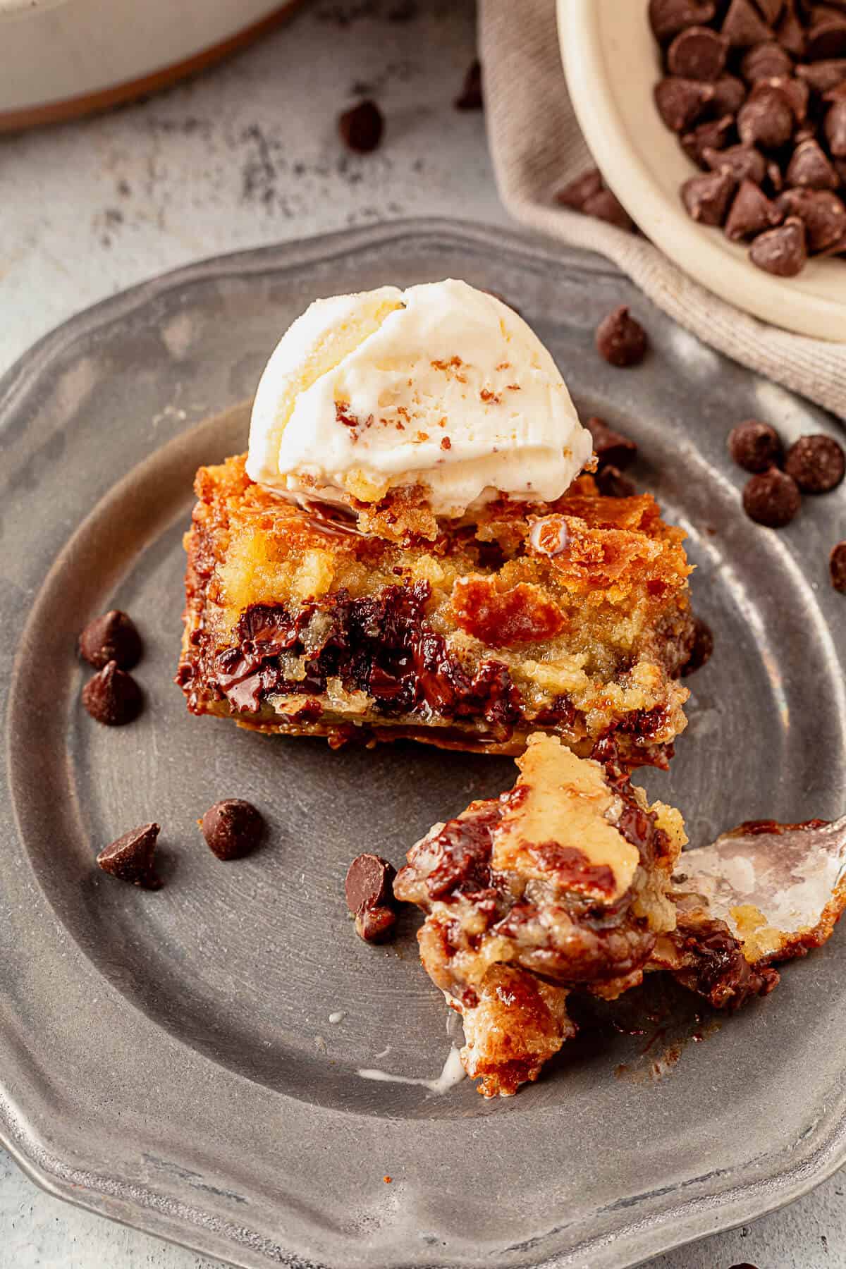 the inside of a piece of gooey chocolate chip pie