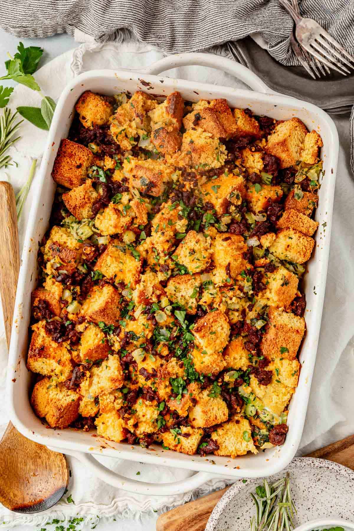 chorizo cornbread stuffing in a casserole dish.