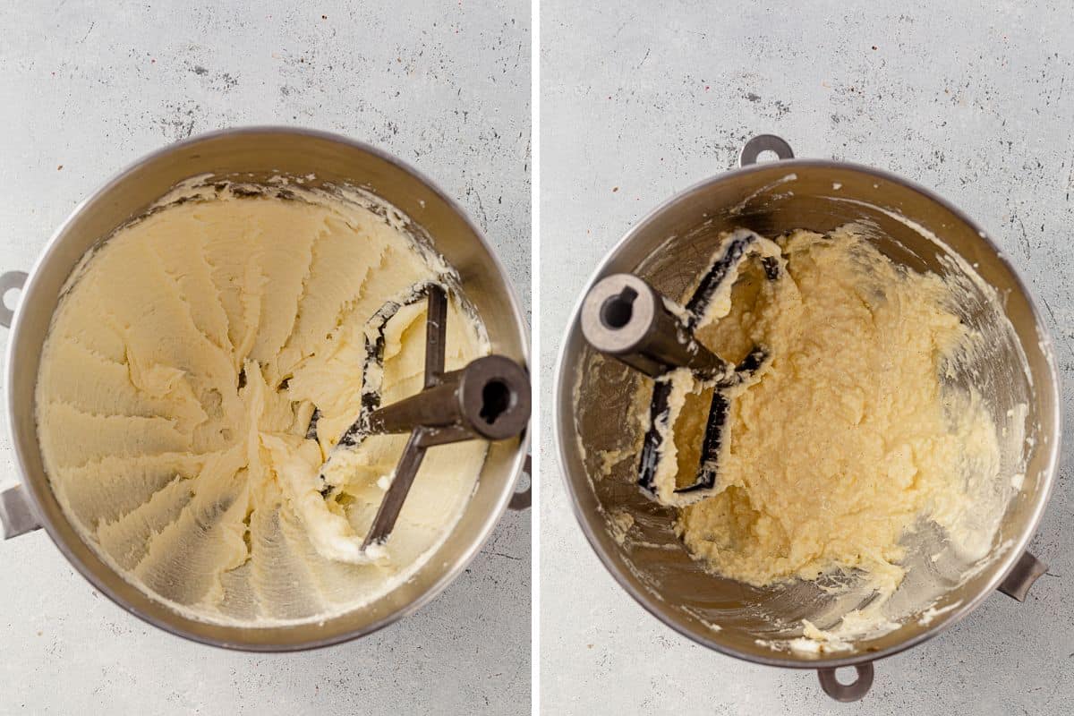 two images of butter and sugar creamed together and then a bowl of butter, sugar, eggs, and heavy cream in a stand mixer