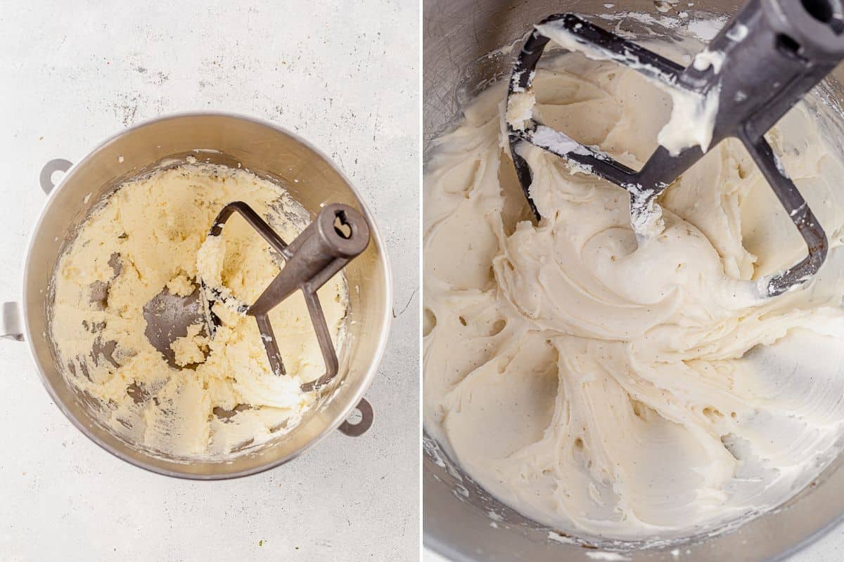 two images of butter and cream cheese whipped together and then cream cheese frosting in a stand mixer