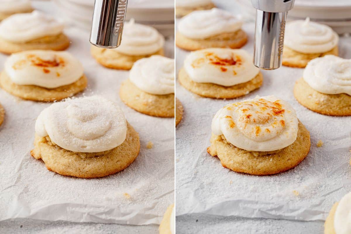 two images of blow torching sugar on top of creme brulee cookies