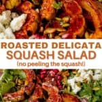 two images of pouring dressing on roasted delicata squash salad and then the salad in a serving bowl