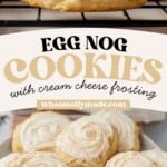 a knife spreading egg nog frosting on top of an egg nog cookie and then a pile of frosted egg nog cookies