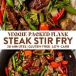 two images of flank steak stir fry on top of rice and then flank steak stir fry in a wok