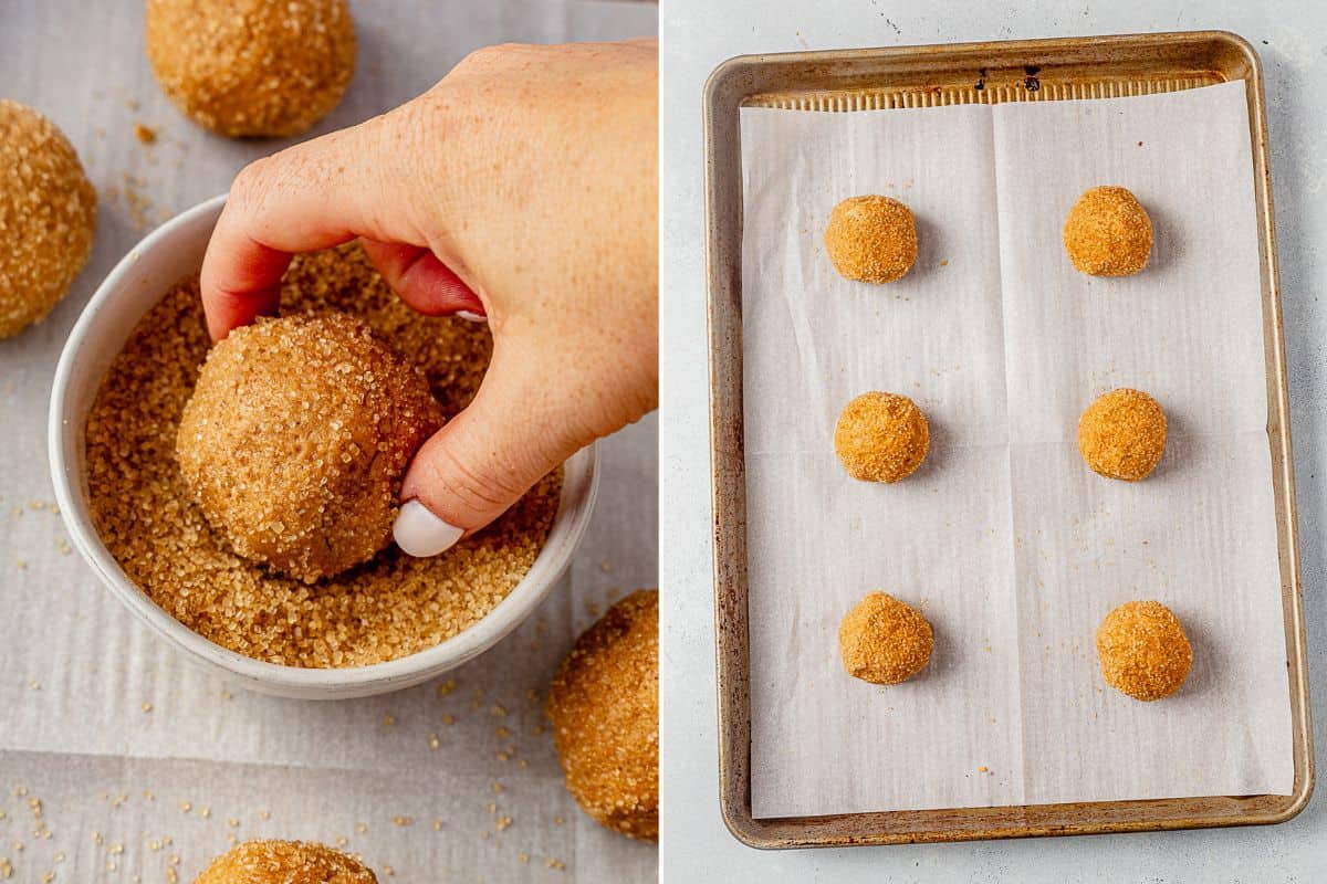 two images of rolling ginger cookie dough in sugar and then 6 dough balls on a parchment lined baking sheet