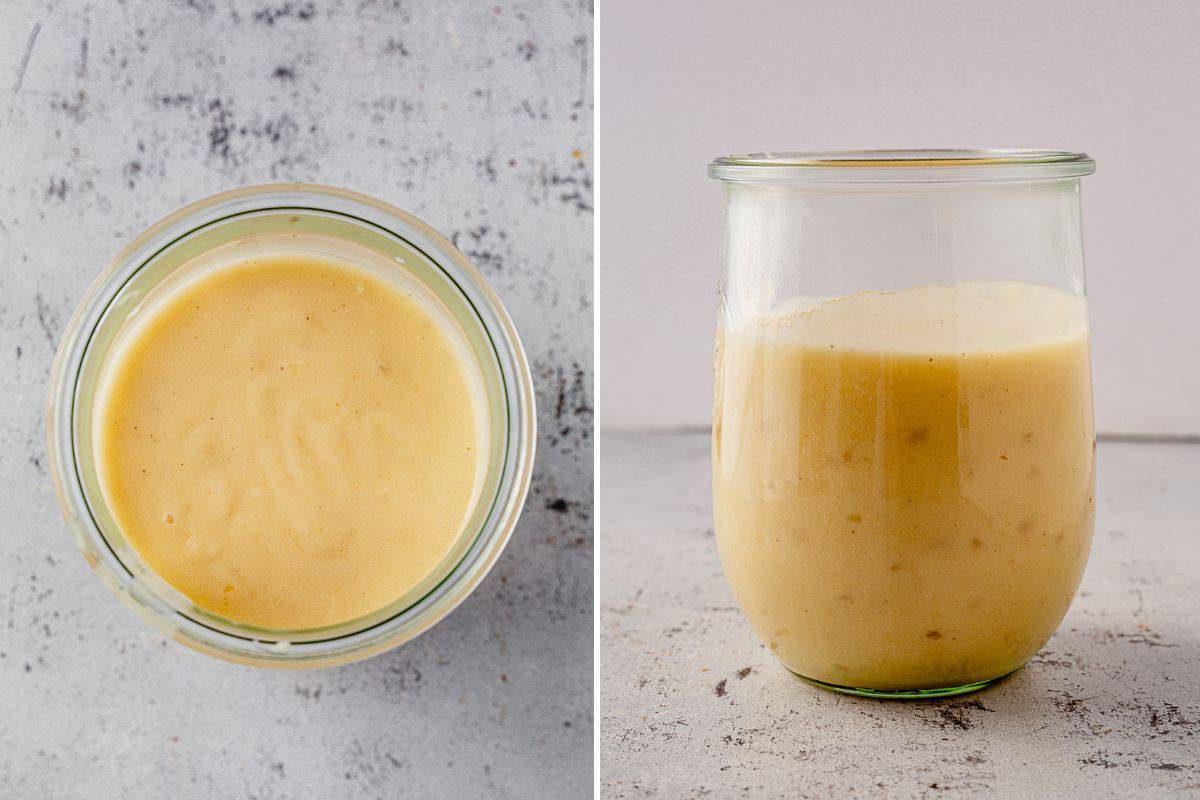 two images of gluten free gravy base in a glass jar
