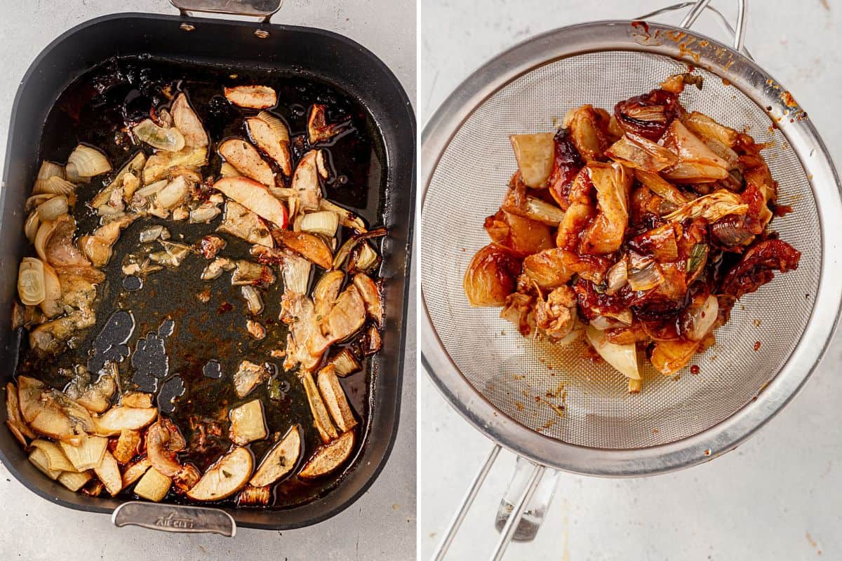 two images of turkey pan drippings and then straining them into a bowl