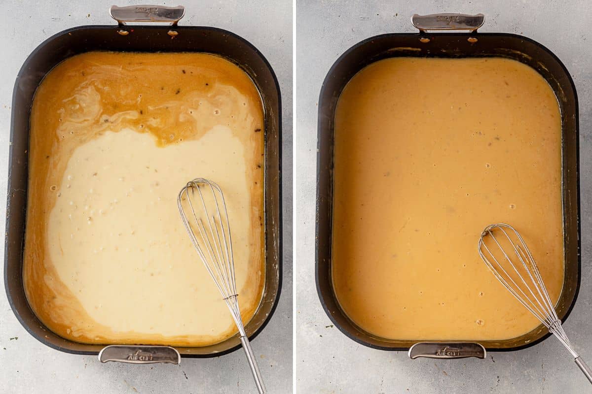 two images of pan drippings whisked with turkey drippings and then gluten free gravy in a roasting pan