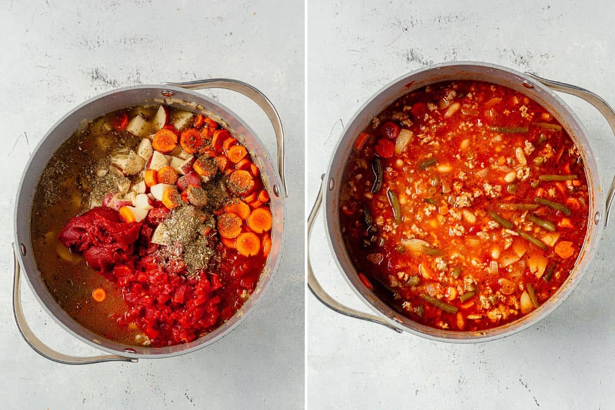 two images of ground turkey, vegetables, and tomato paste in a dutch oven and then all of it mixed together before simmering