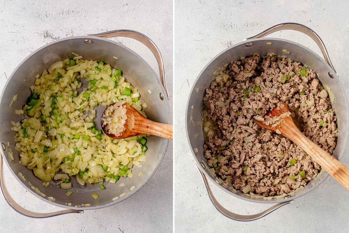 two images of sauted onion and celery in a pot and then ground turkey browned with the vegetables