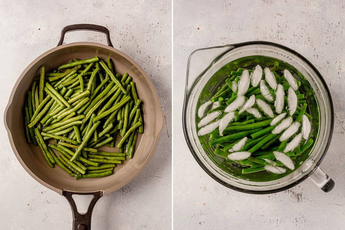 two images of haricot verts steaming in a pan and then haricot verts in an ice bath