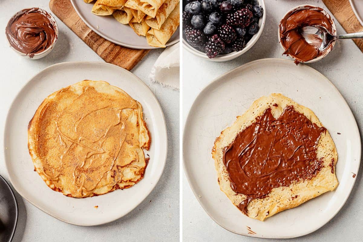 two images of a pancake roll up withe peanut butter spread on it and then one with nutella