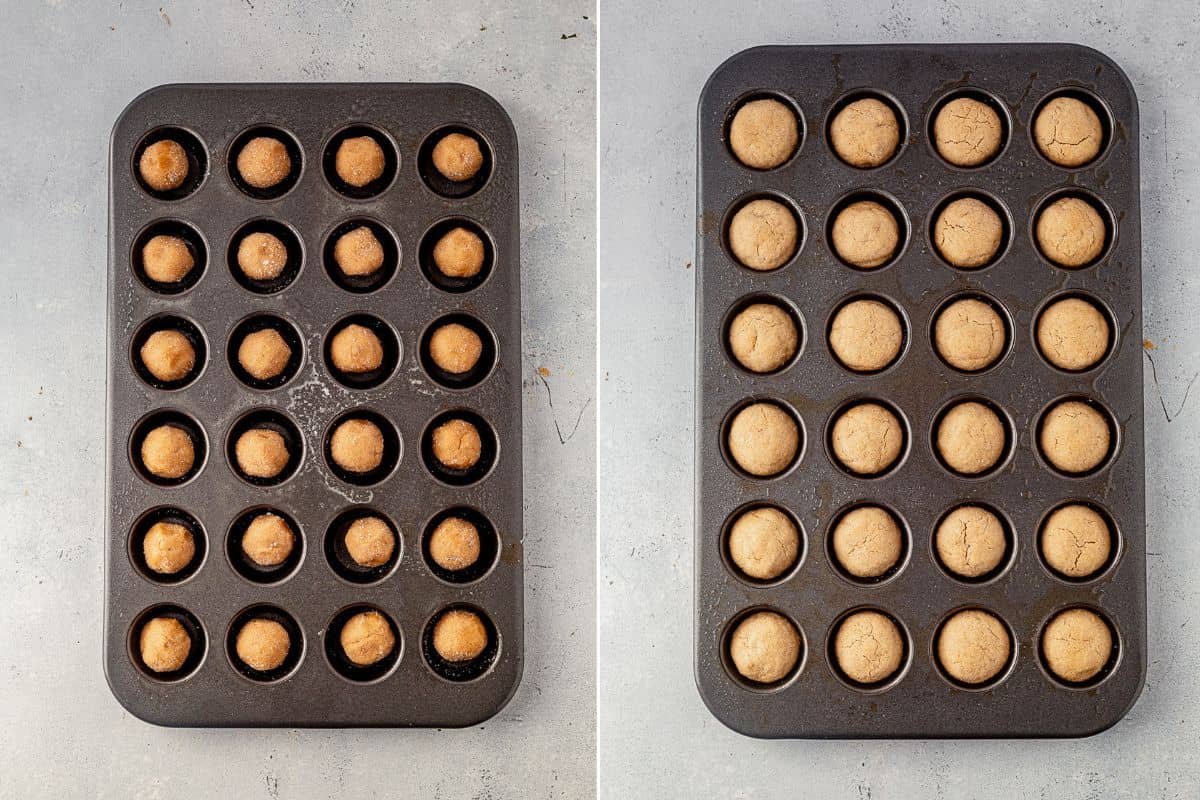 two images of peanut butter cookie dough in a mini muffin tin and then the dough freshly baked