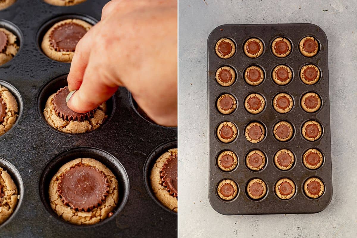 two images of pushing a peanut butter cup into a peanut butter cookie and then a tray of peanut butter cup cookies in the mini muffin tins