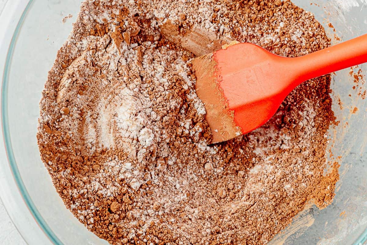 flour, cocoa powder, and baking soda in a mixing bowl