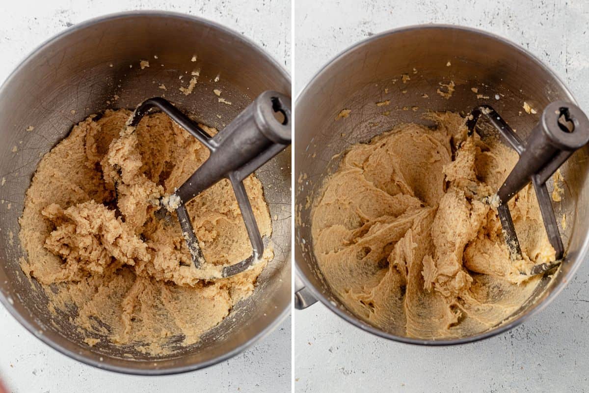 two images of butter and sugar beaten and then eggs and vanilla added until fluffy