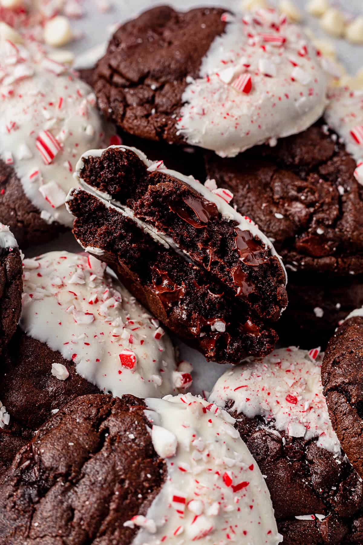 melted chocolate inside a broken peppermint bark cookie