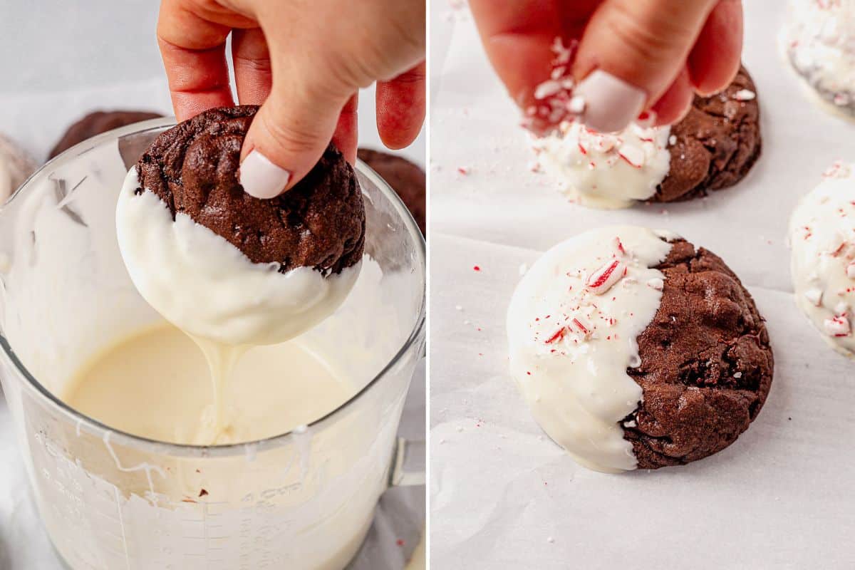 two images of dipping a chocolate peppermint cookie into white chocolate and then sprinkling the white chocolate with crushed candy canes